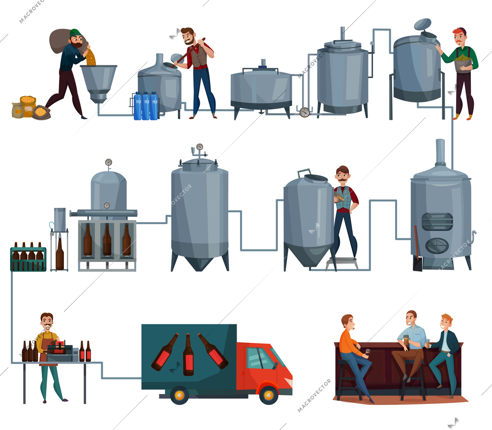 Beer production cartoon set, manufacturing line of brewing and men with drink in bar isolated vector illustration