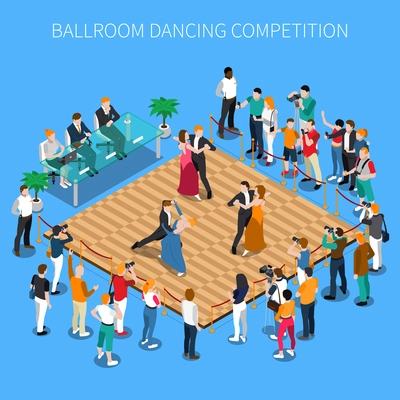 Ballroom dancing competition isometric composition on blue background with performers on parquet, judges and viewers vector illustration