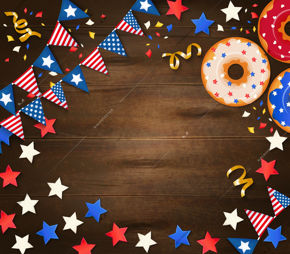 Independence day festive wooden background with garlands of national flags confetti stars and pastry realistic vector illustration