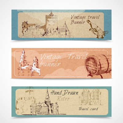 Old city buildings sketch decorative banners set isolated vector illustration