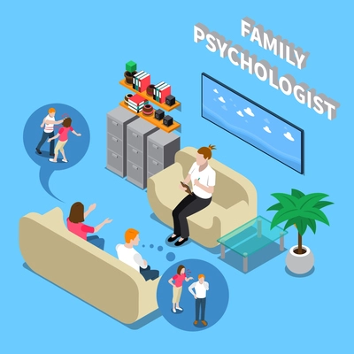 Family couple during reception at psychologist isometric composition with interior elements on blue background vector illustration