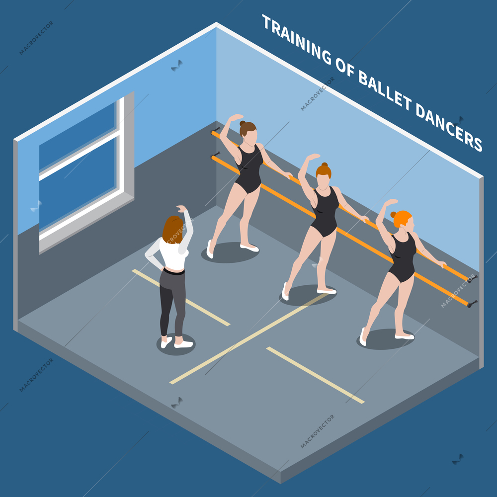 Training of ballet dancers, barre exercises, isometric composition on blue background vector illustration