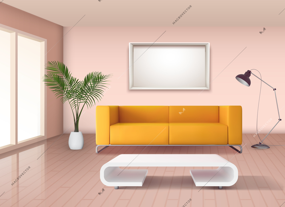 Modern minimalist style living room interior  with corn yellow sofa and white fancy coffee table vector illustration