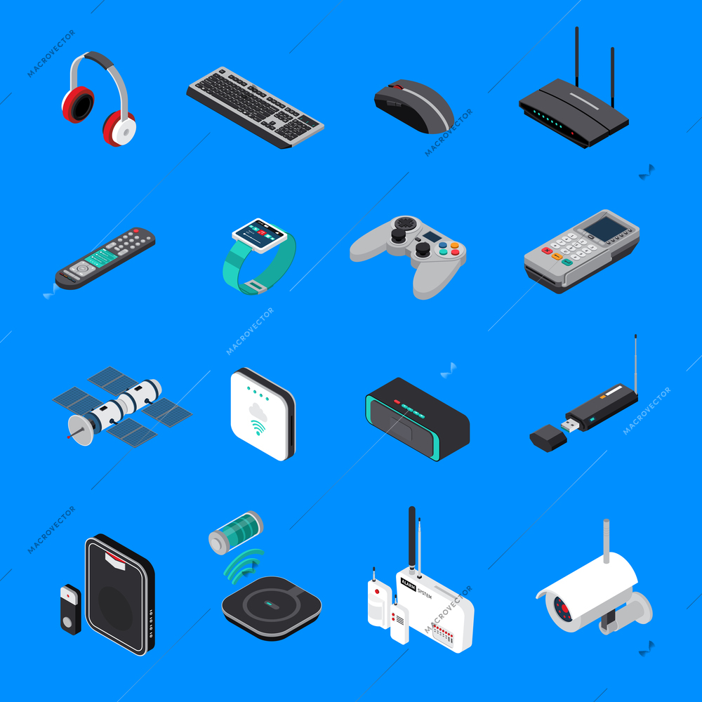 Wireless electronic devices including computer equipment, satellite, battery charger, isometric icons isolated on blue background vector illustration