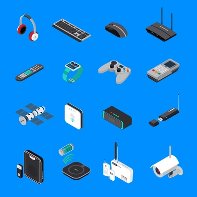 Wireless electronic devices including computer equipment, satellite, battery charger, isometric icons isolated on blue background vector illustration