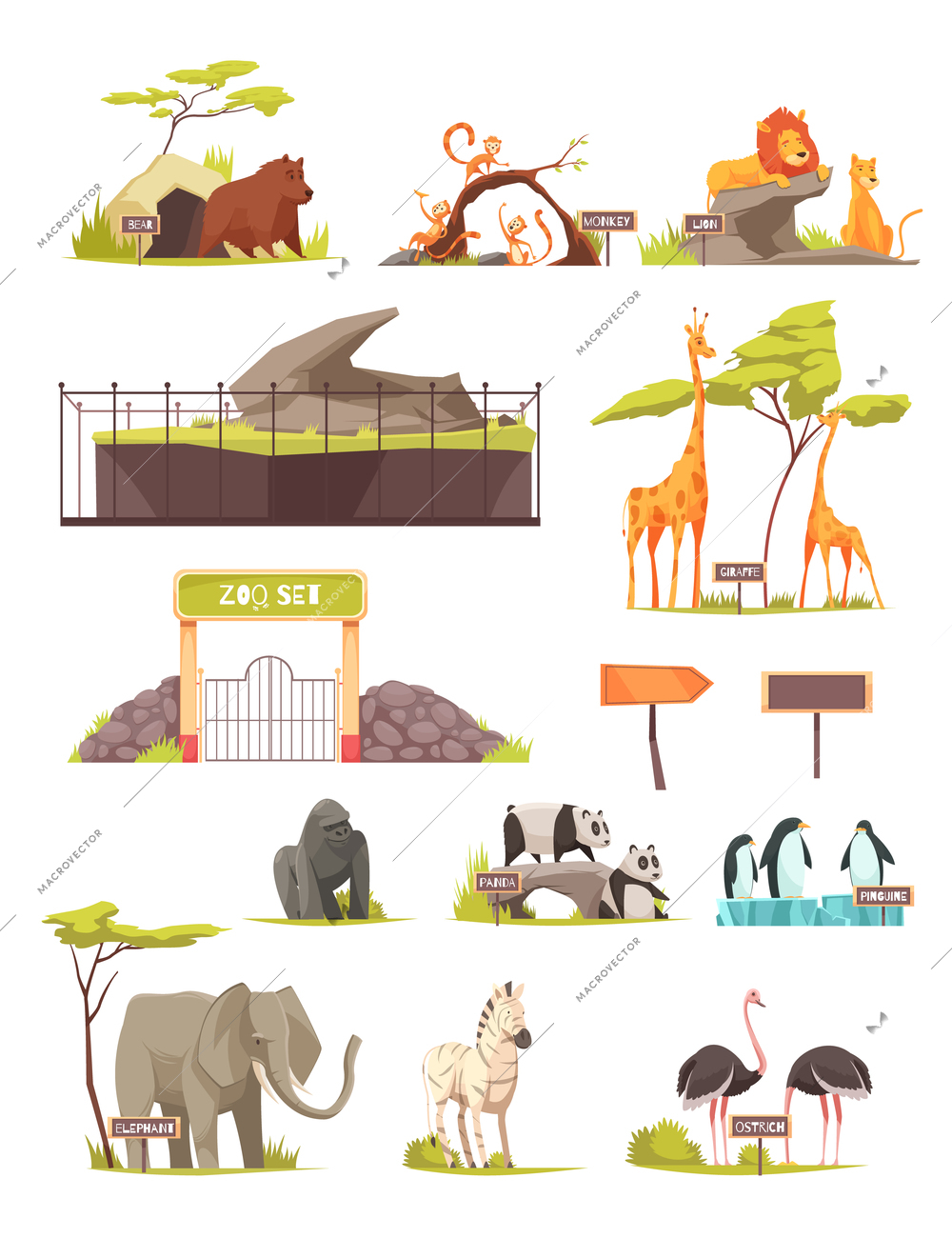 Zoo animals cartoon icons collection with zebra elephant bird ostrich lions giraffe panda penguins isolated vector illustration