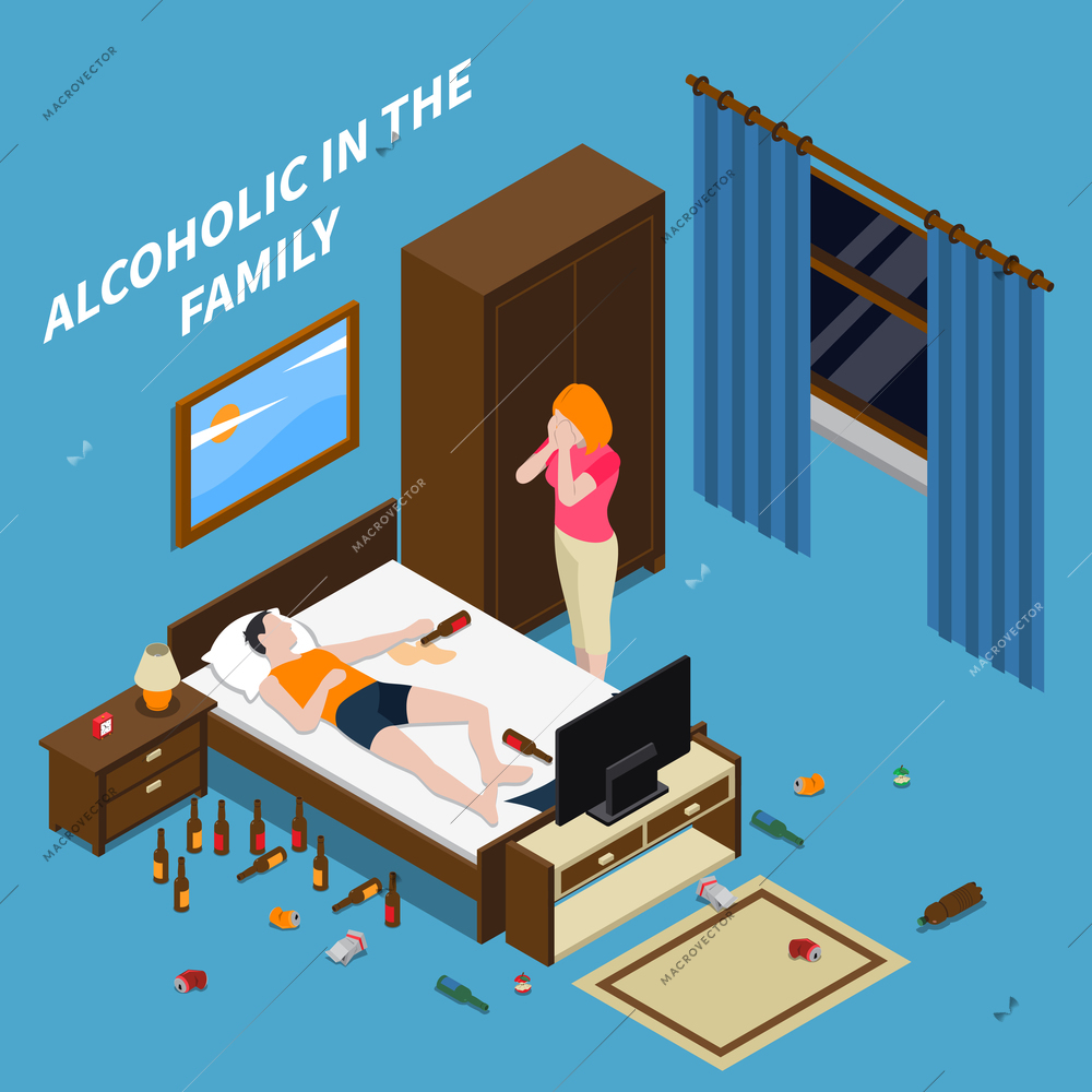 Family problems alcoholism isometric composition on blue background with crying woman, sleeping man with bottles vector illustration