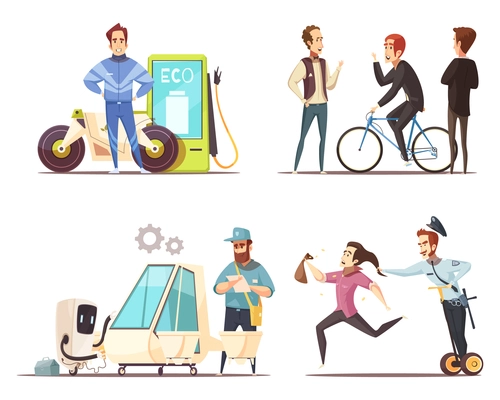 Eco transport concept 4 cartoon icons square with electric vehicle bicycle and green fuel motorcycle isolated vector illustration