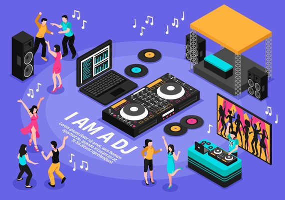 Dj and music composition with people dancing and singing symbols isometric vector illustration