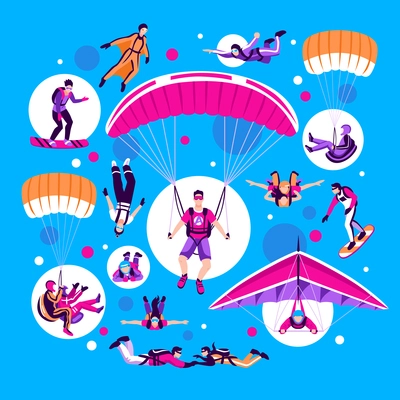 Skydiving and parachuting set on blue background flat isolated vector illustration