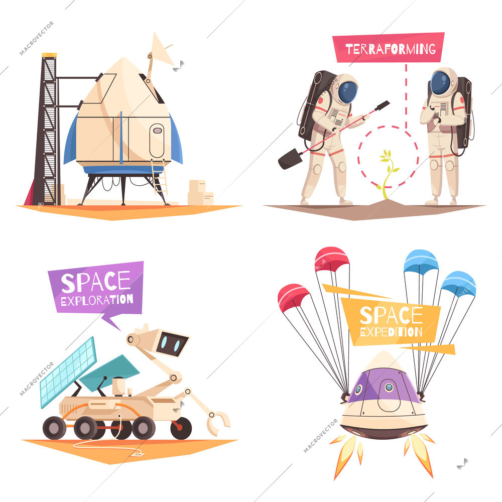 Space technology design concept set of four isolated doodle style compositions of robots spacecrafts and astronauts vector illustration