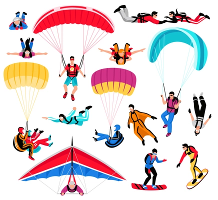 Skydiving amd extreme sports set flat isolated vector illustration