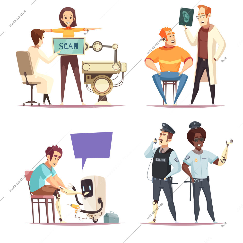 Bionic prosthesis design concept set of four isolated compositions representing different lifetime situations with human characters vector illustration