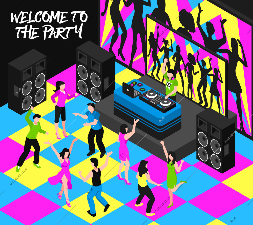 Dj and party composition with entertainment nightlife and music symbols isometric vector illustration