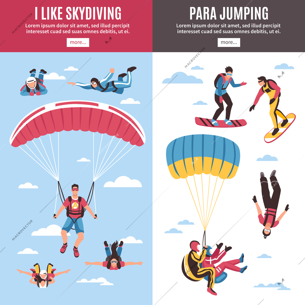 Skydiving vertical banners set with extreme sports symbols flat isolated vector illustration