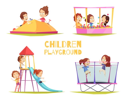 Children playground design concept set with four isolated images of playground equipment and characters of kids vector illustration