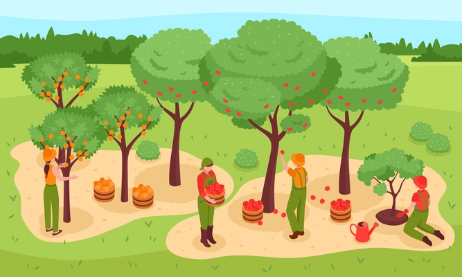 Gardening and harvest isometric concept with trees fruit and people symbols vector illustration