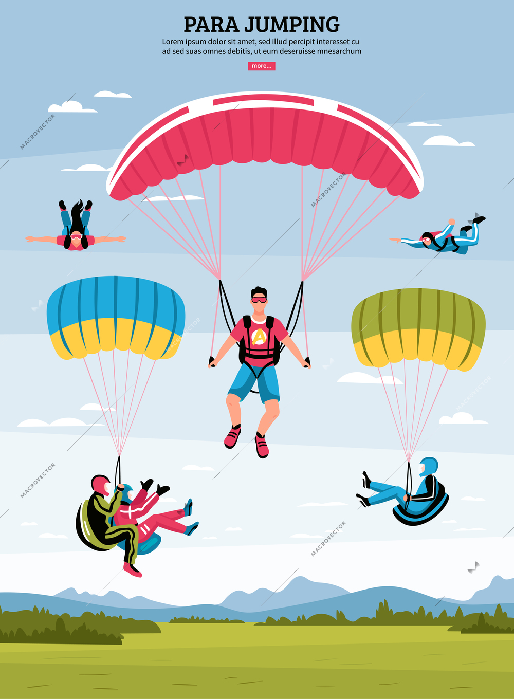 Parajumping poster with parachuting and para gliding symbols flat vector illustration