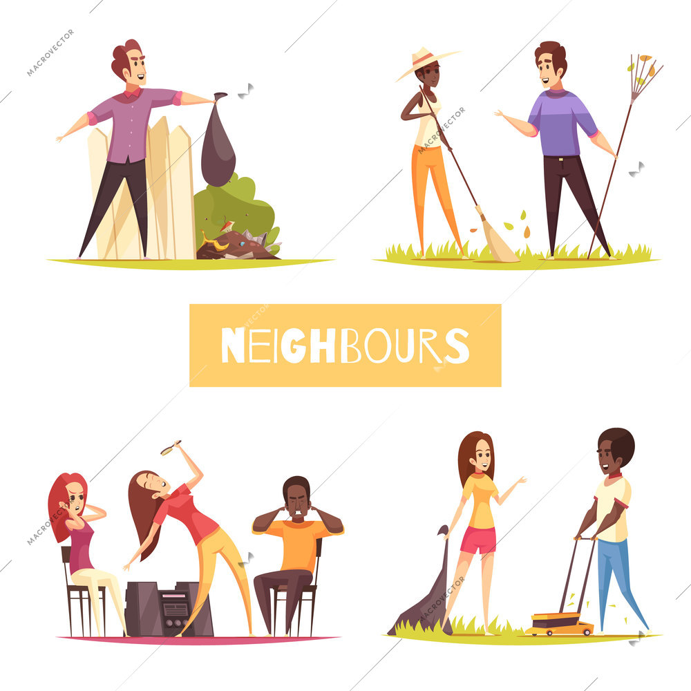 Neighbors 2x2 design concept with dancing girls man suffering from noise and talking outdoor cartoon vector illustration