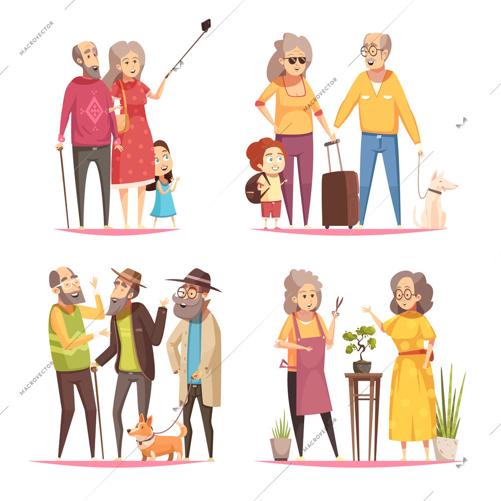 Longevity 2x2 design concept with elderly people leading an active lifestyle cartoon vector illustration