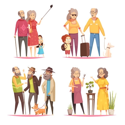 Longevity 2x2 design concept with elderly people leading an active lifestyle cartoon vector illustration