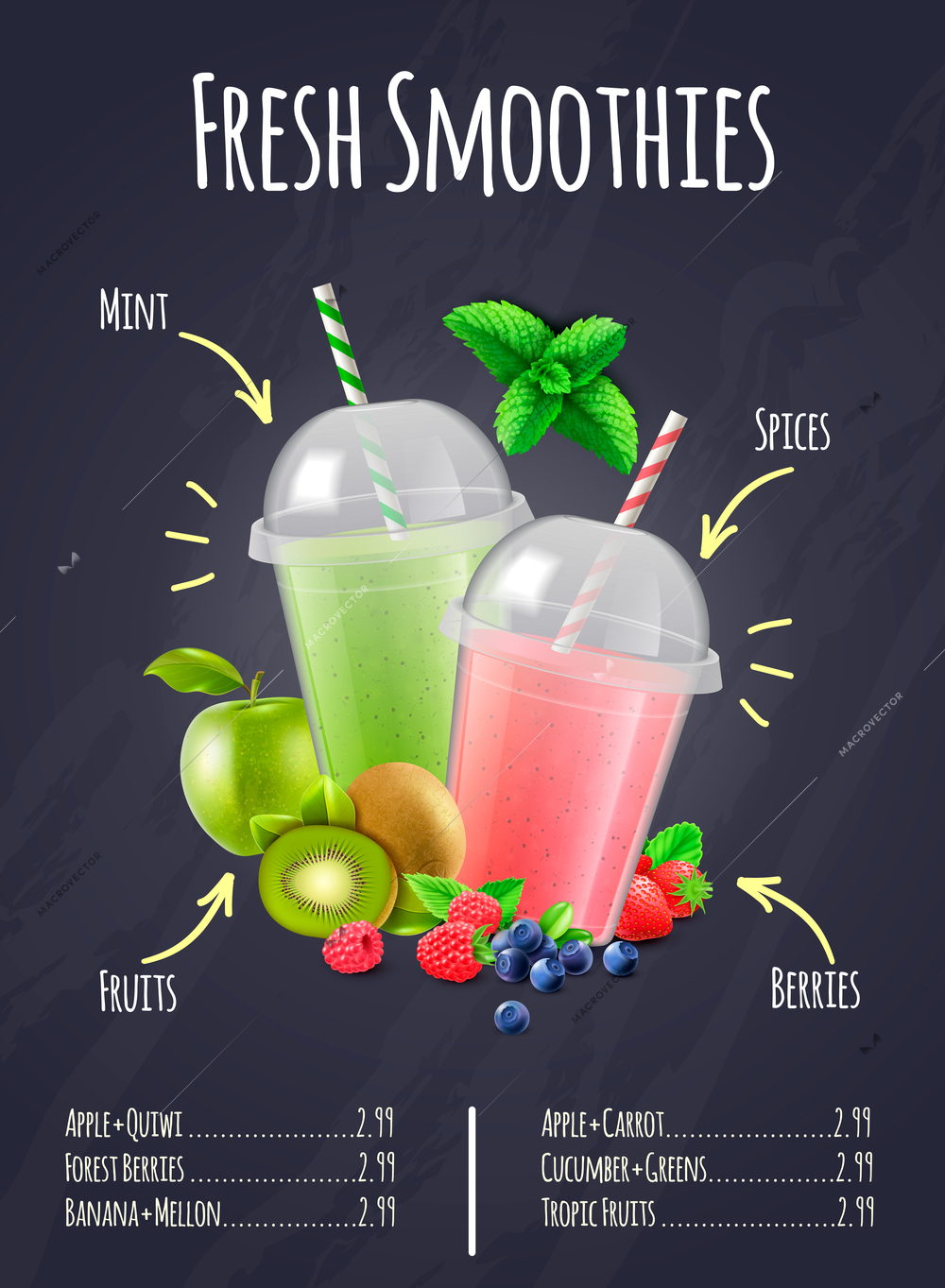 Restaurant or bar menu page with fresh smoothies realistic composition hand drawn price and ingredients labeling vector illustration