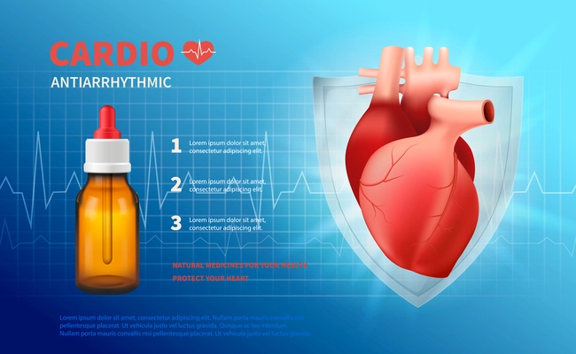 Cardio anti arrhythmic poster with natural medicines advertising and headline protect your heart realistic vector illustration