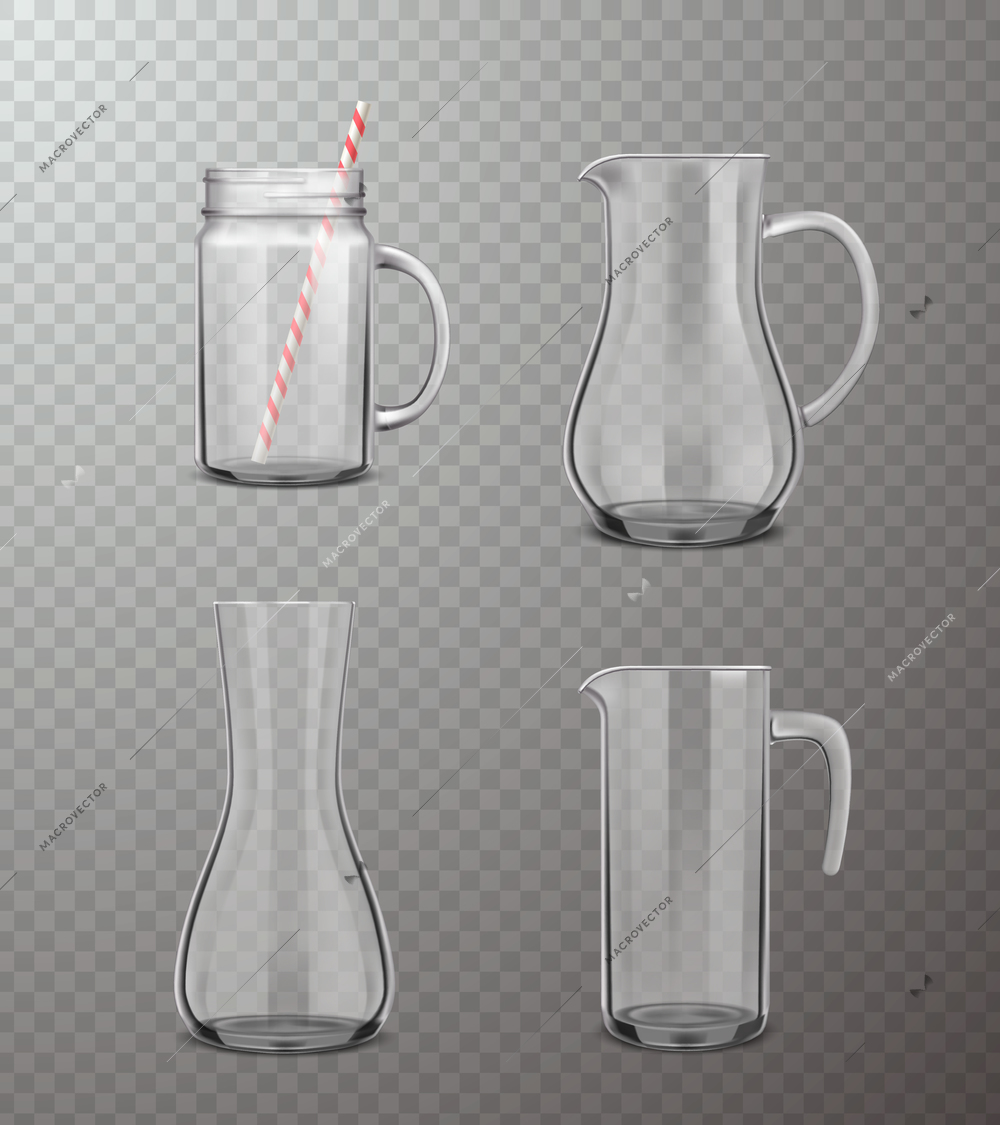 Four isolated  glass jugs of different form in realistic style on transparent background vector illustration