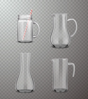 Four isolated  glass jugs of different form in realistic style on transparent background vector illustration