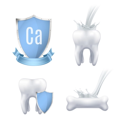 Calcium protection realistic icons collection for advertising medical production used for healthy teeth and bones isolated vector illustration