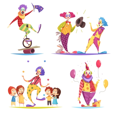 Clowns design concept with performer on unicycle, tricks with hares, juggler, show with balloons isolated vector illustration