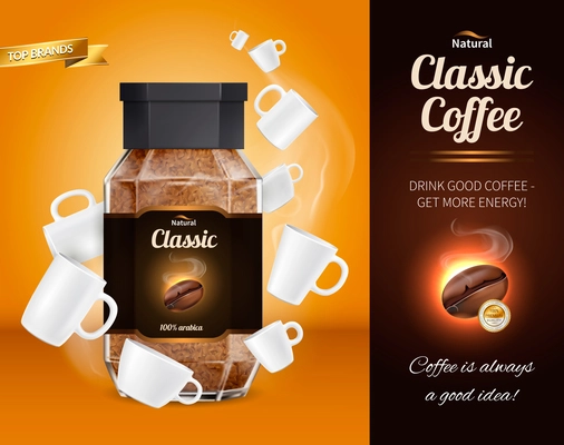 Natural classic coffee advertisement realistic composition with glass jar of instant coffee of top brand vector illustration