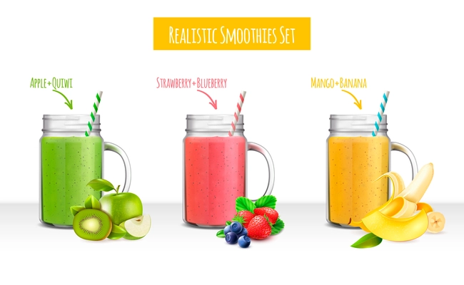 Colorful set of jars with smoothie drinks composed by fruits and berries ingredients realistic vector illustration