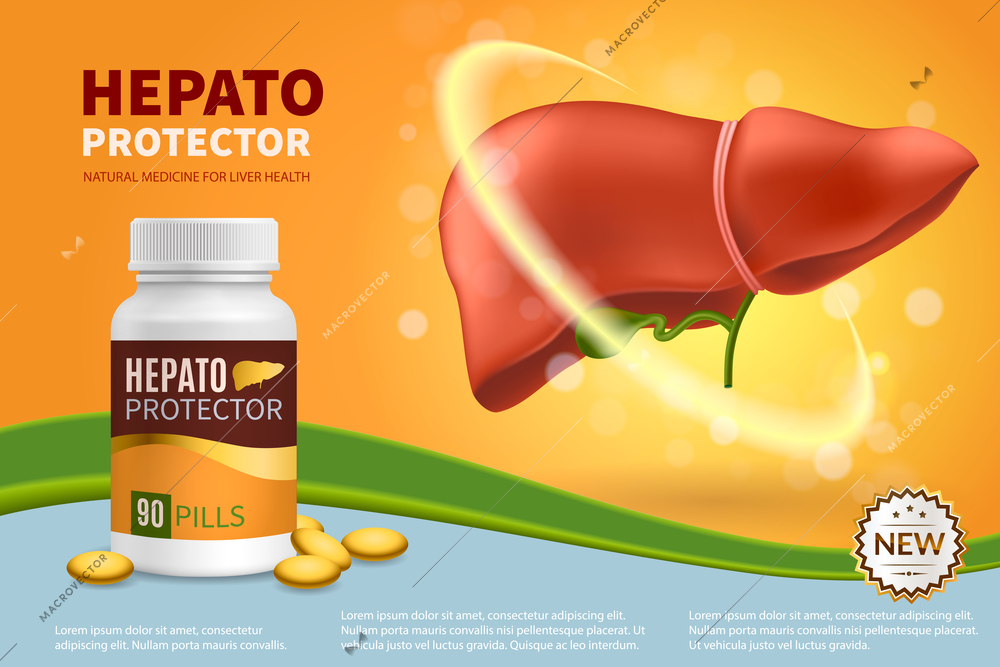 Hepatoprotector colorful realistic composition with natural pills in plastic medical jar for liver health 3d vector illustration