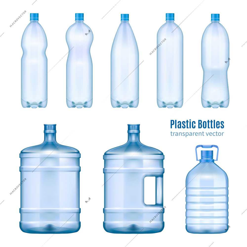 Plastic water bottles realistic set of large containers for cooler and small tare for retail sale isolated vector illustration