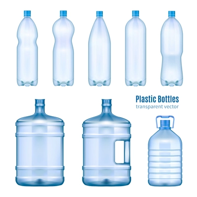 Plastic water bottles realistic set of large containers for cooler and small tare for retail sale isolated vector illustration