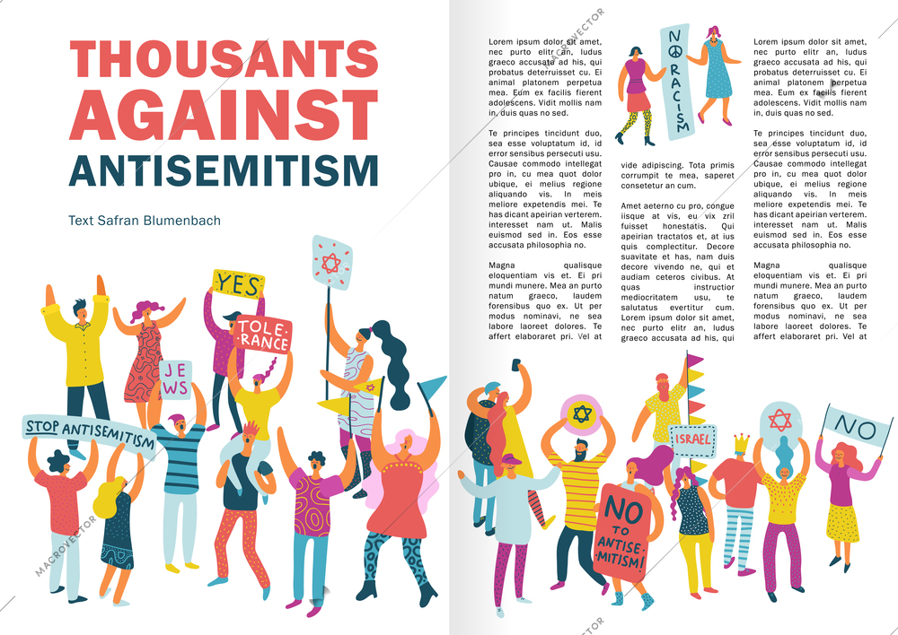 People protest infographics layout with crowd protesting against antisemitism with placards and billboards flat vector illustration