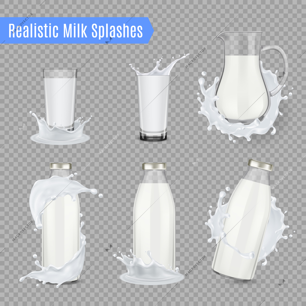 Milk splashes transparent set of jug bottles and beakers made of glass and full of milk realistic vector illustration