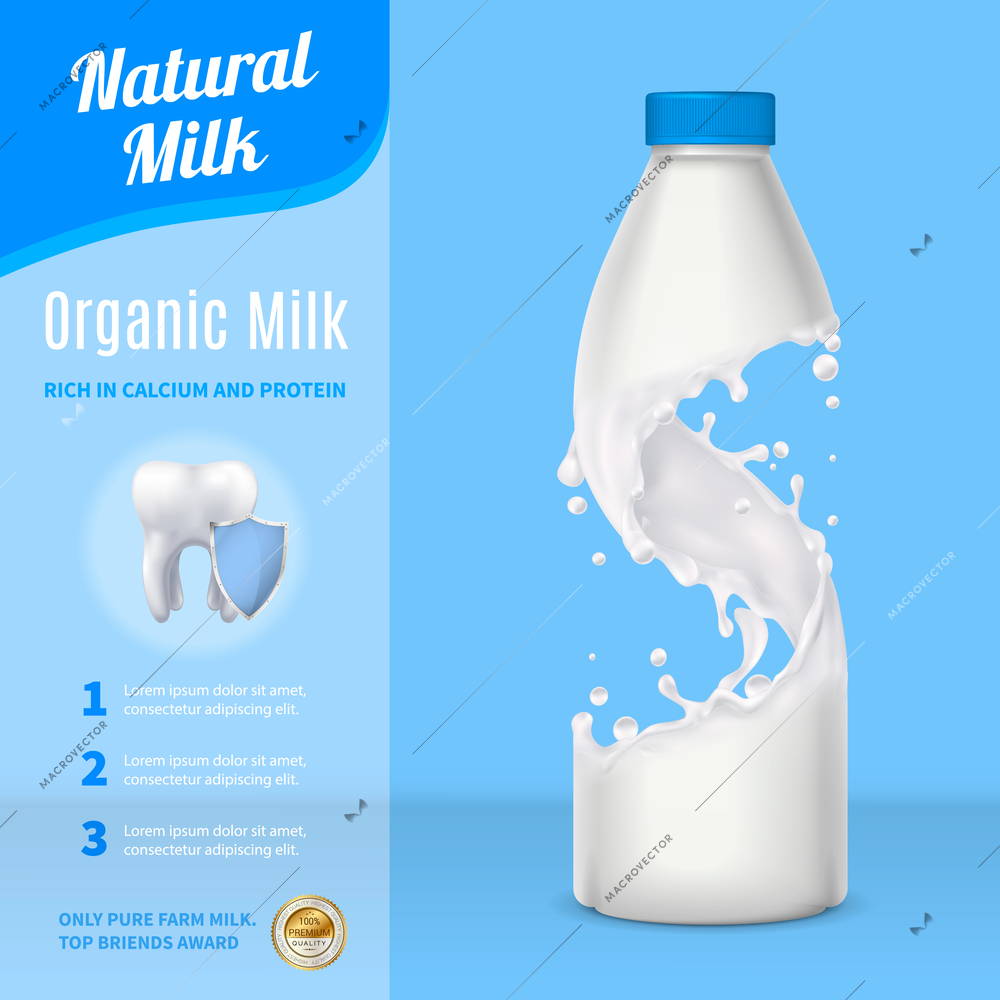 Natural milk advertising realistic composition with plastic bottle and carton pack on blue background vector illustration