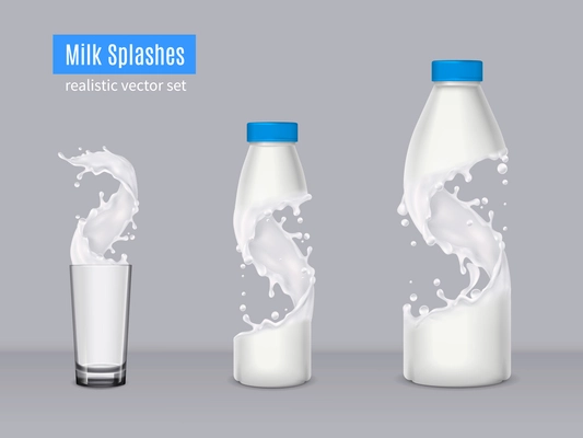Milk splashes realistic composition with two plastic bottles and glass beaker filled with milk vector illustration