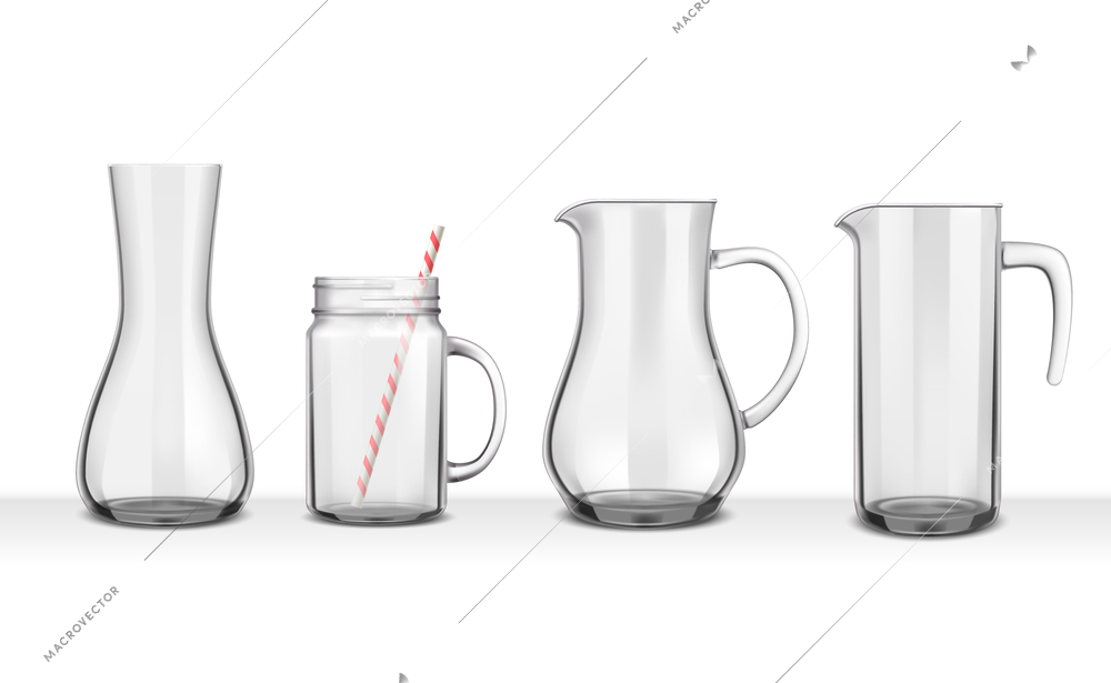 Four smooth glass realistic jugs and carafes of various shapes on white background isolated vector illustration