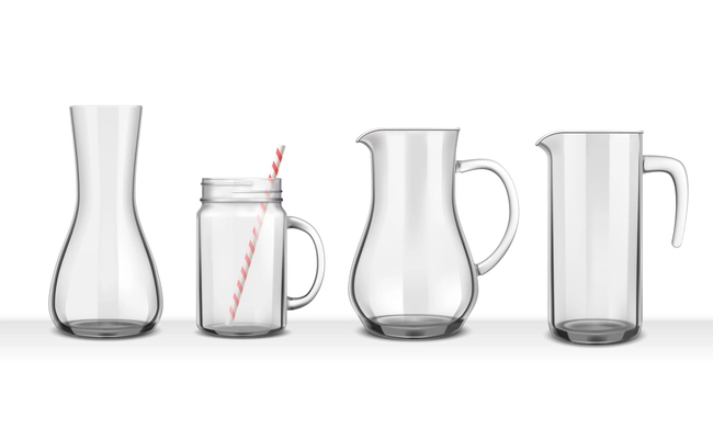 Four smooth glass realistic jugs and carafes of various shapes on white background isolated vector illustration