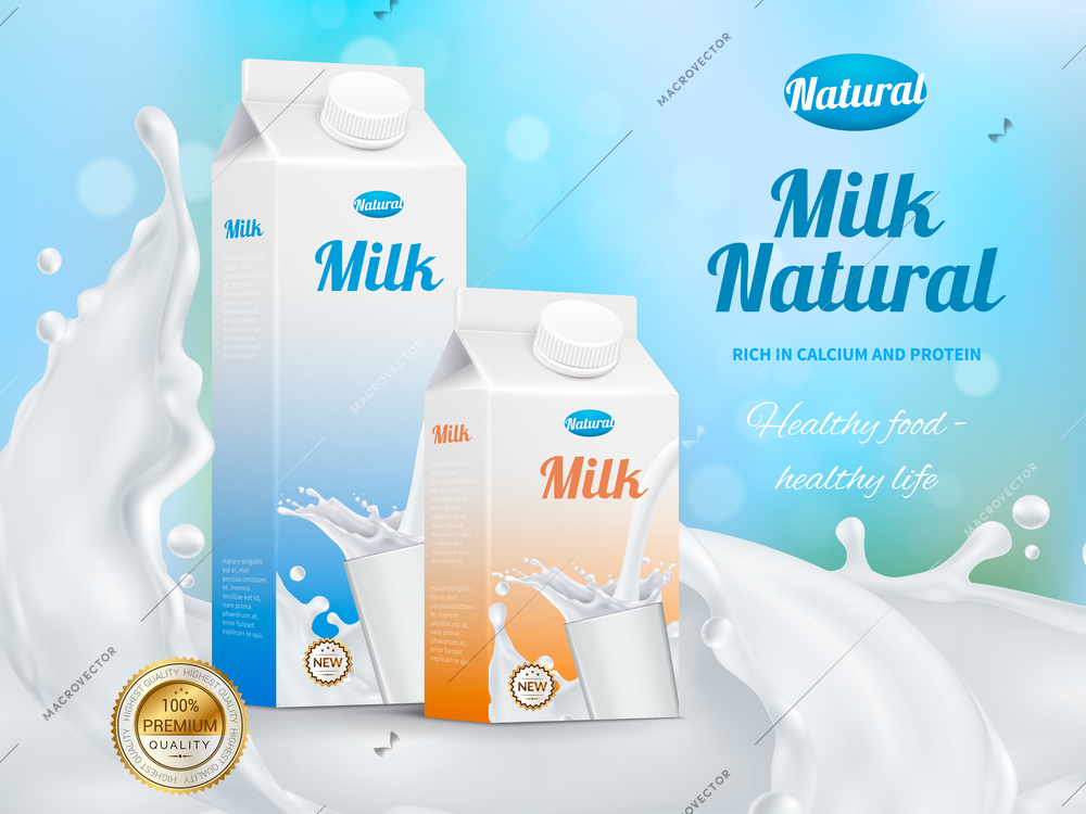 Colorful realistic poster advertising carton packs with natural milk rich in calcium and protein vector illustration