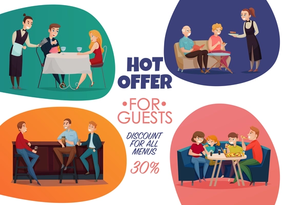 Colored flat restaurant pub visitors poster with hot offer for guests discounts for all menus descriptions vector illustration