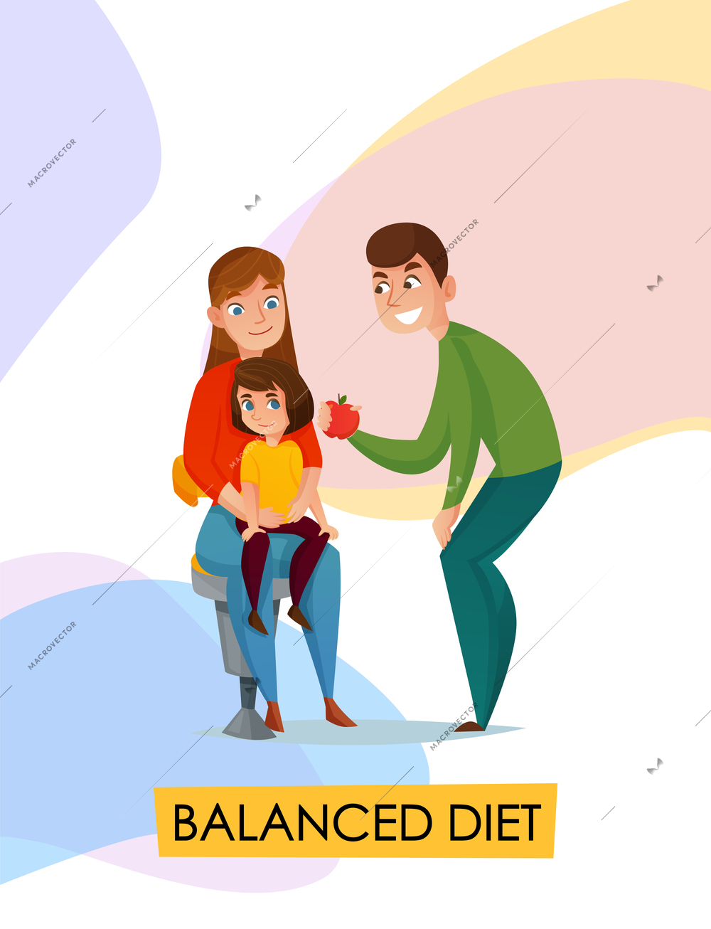 Colored and flat pediatric dentistry background with big balanced diet headline and cute child in the spotlight vector illustration