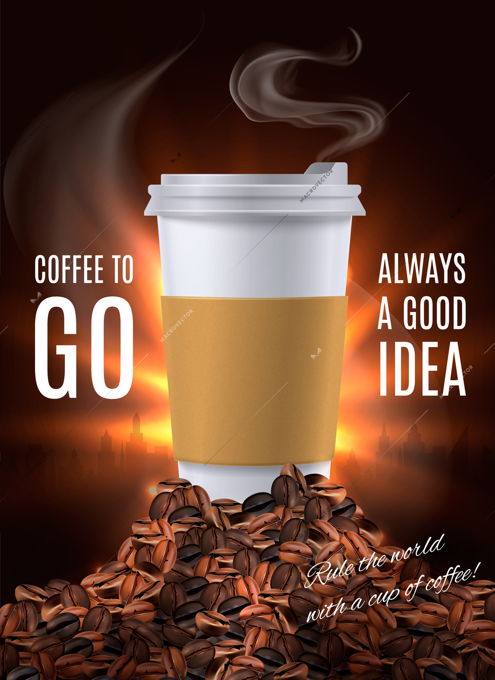 Coffee to go advertisement composition with plastic cup of hot drink covered by lid realistic vector illustration