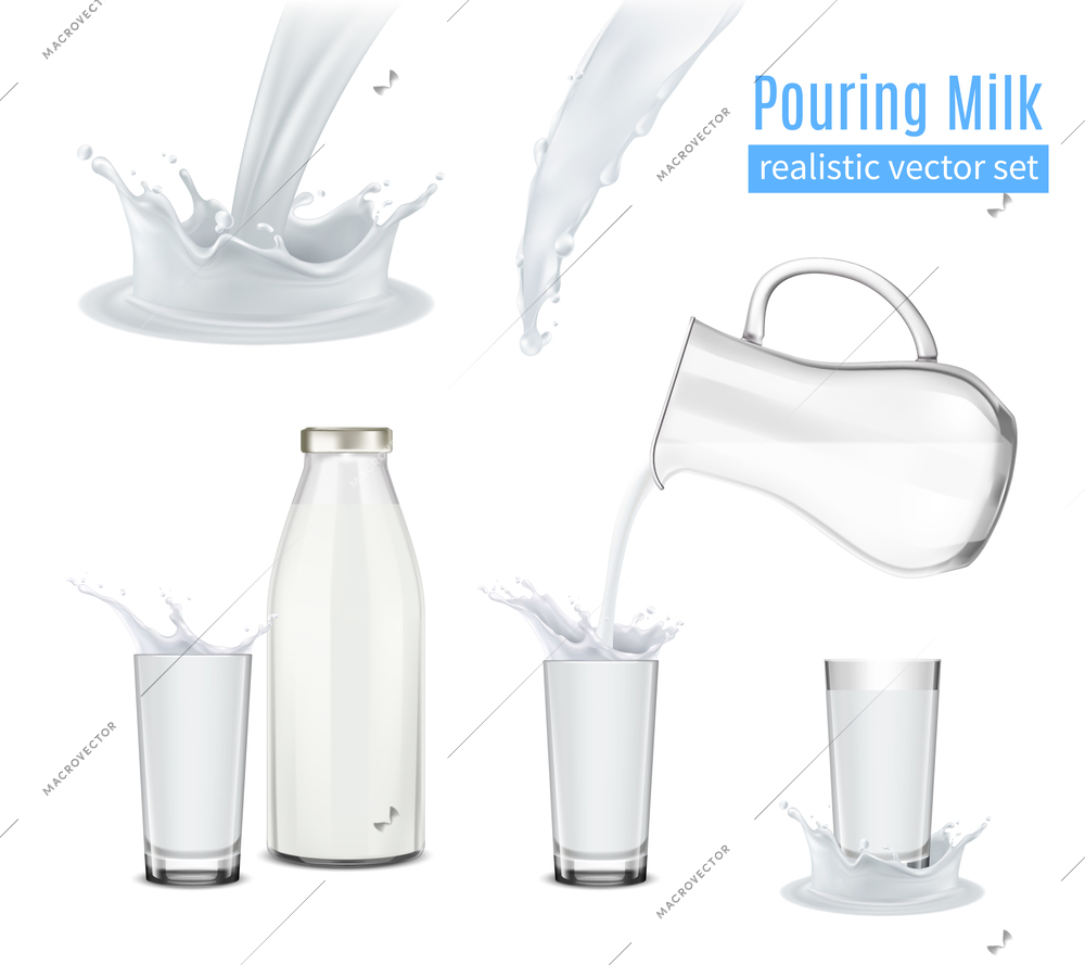 Pouring milk with splashes realistic icons set with glass jug bottle and beakers isolated vector illustration