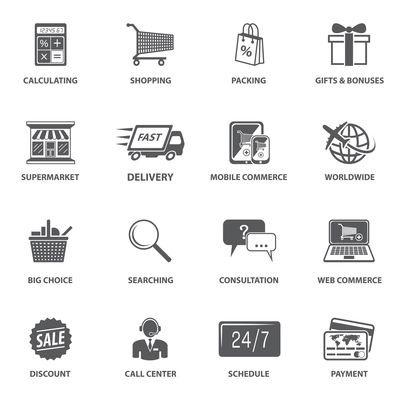 E-commerce shopping icons set of calculating packing delivery payment elements vector illustration