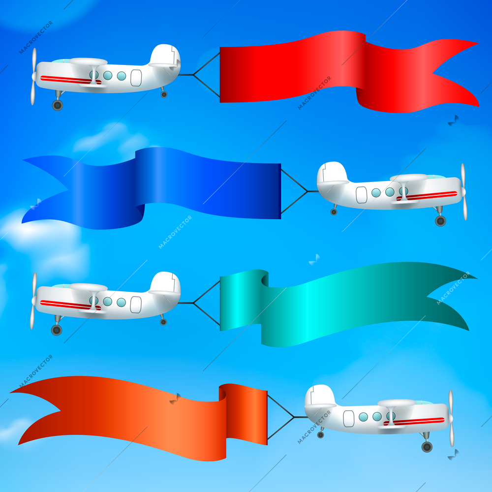 Aerial advertising airplanes parade flying giant colorful flags banners ads behind against blue sky realistic vector illustration