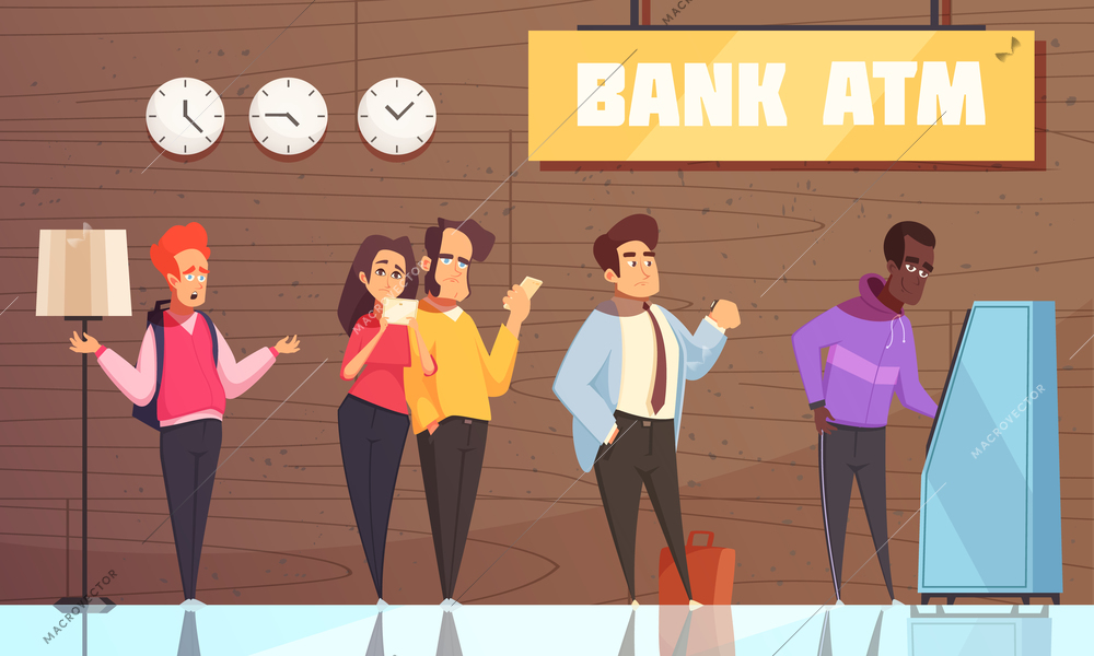 Bank interior atm poster with young man couple businessman characters waiting in queue for cash vector illustration